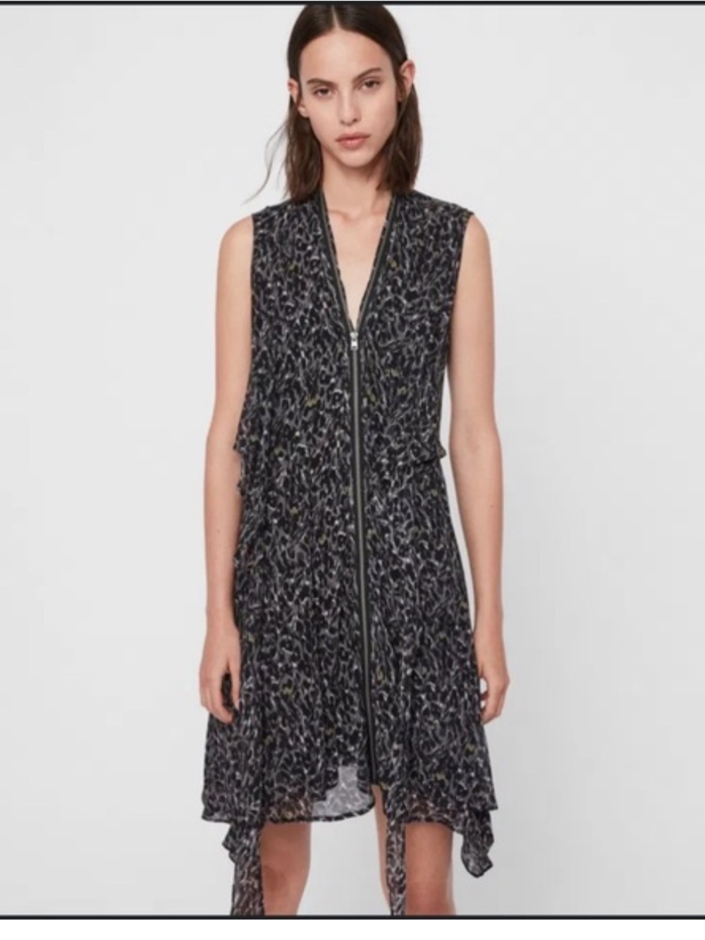 All Saints Jayda dress crepe overlay front zip neck